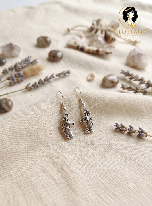 Adorable Silver-Finished Teddy Bear Earrings with Flower Detail