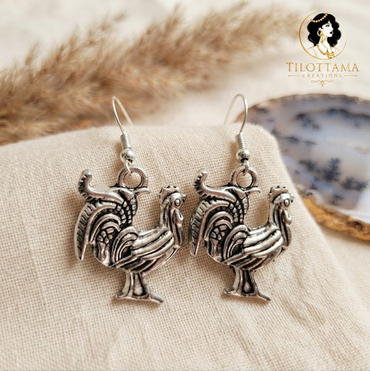Silver Rooster Charm Earrings