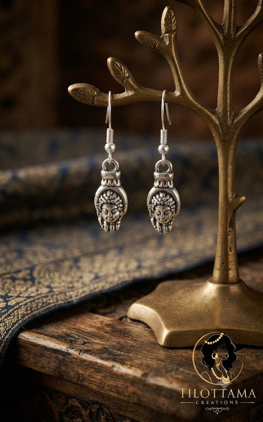 Antique Silver Buddha Face Spiritual Earrings