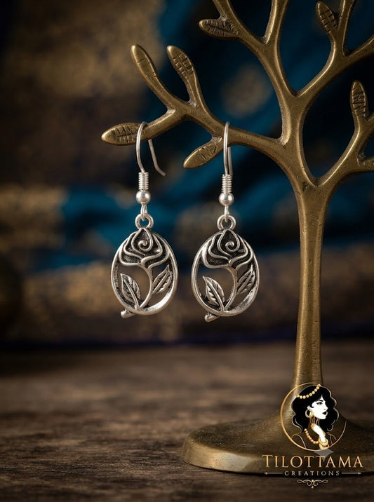 Vintage Silver-Finished Rose & Leaf Dangle Earrings