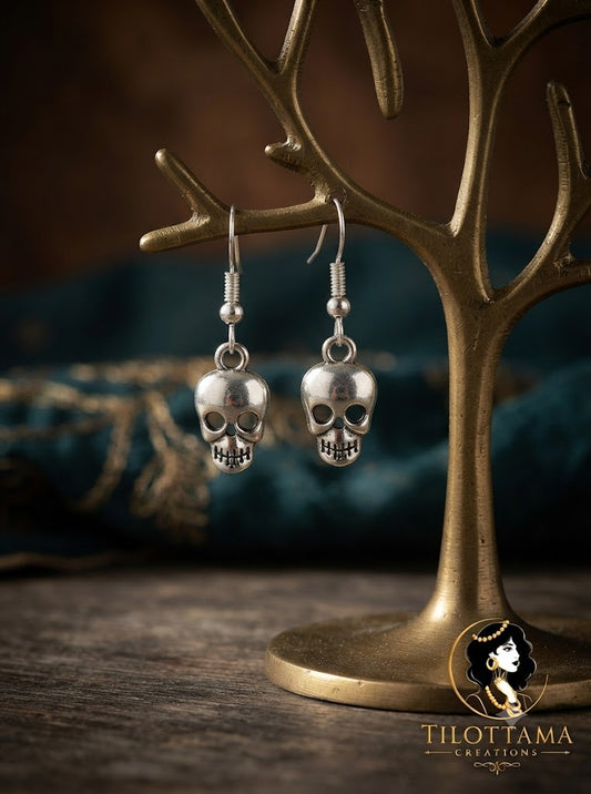 Polished Silver Skull Charm Dangle Earrings