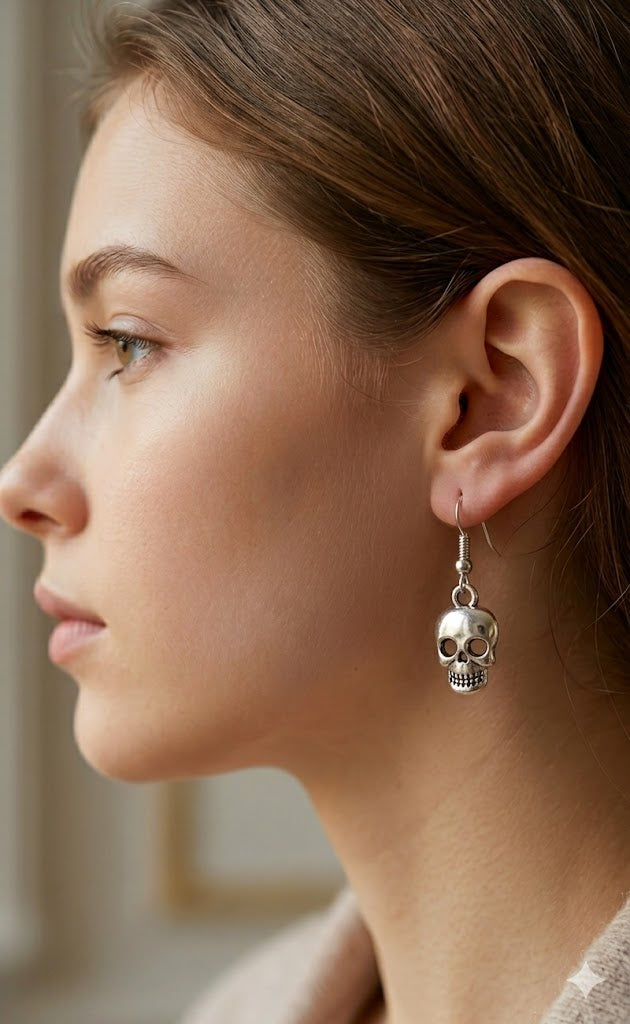 Polished Silver Skull Charm Dangle Earrings