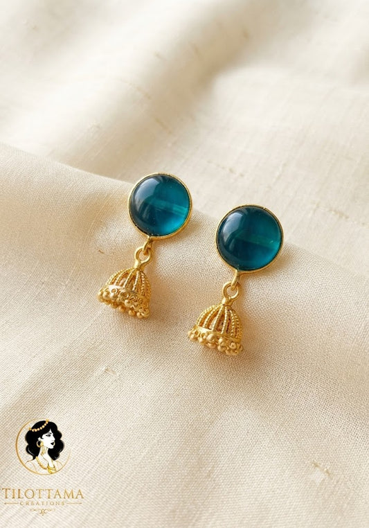 Teal Blue Glass Studs with Tiny Golden Jhumka Drops