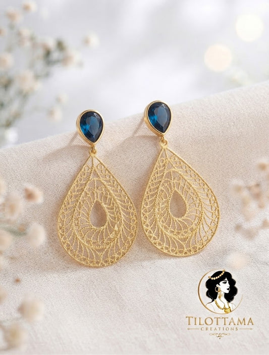 Exquisite Gold-Plated Teardrop Earrings with Teal Blue Gemstones and Fine Lace Filigree
