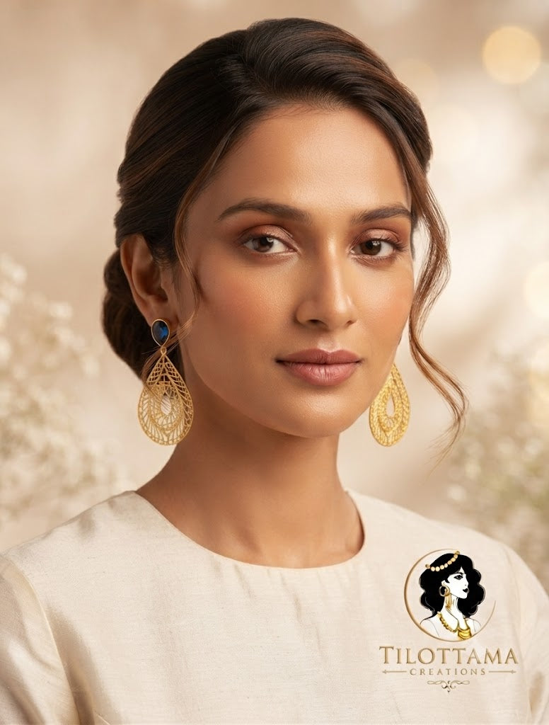 Exquisite Gold-Plated Teardrop Earrings with Teal Blue Gemstones and Fine Lace Filigree