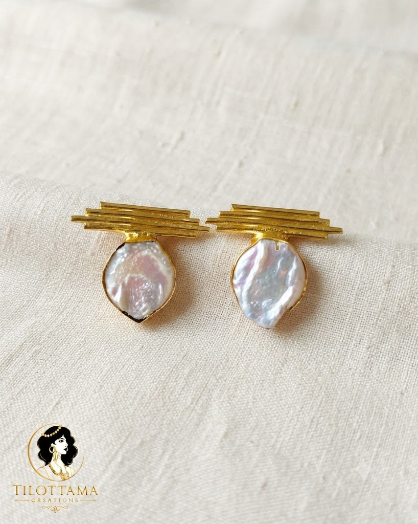 Abstract Gold-Bar & Irregular Pearl Statement Earrings
