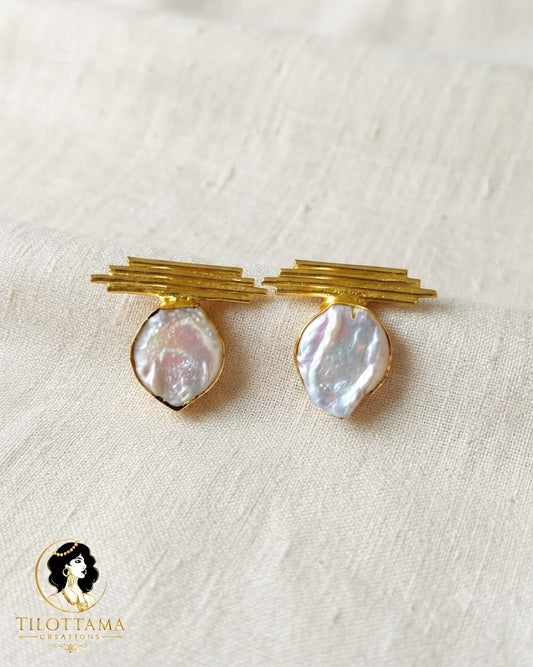 Abstract Gold-Bar & Irregular Pearl Statement Earrings