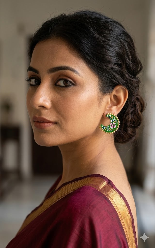 Traditional Green Floral Meenakari Chandbali Studs