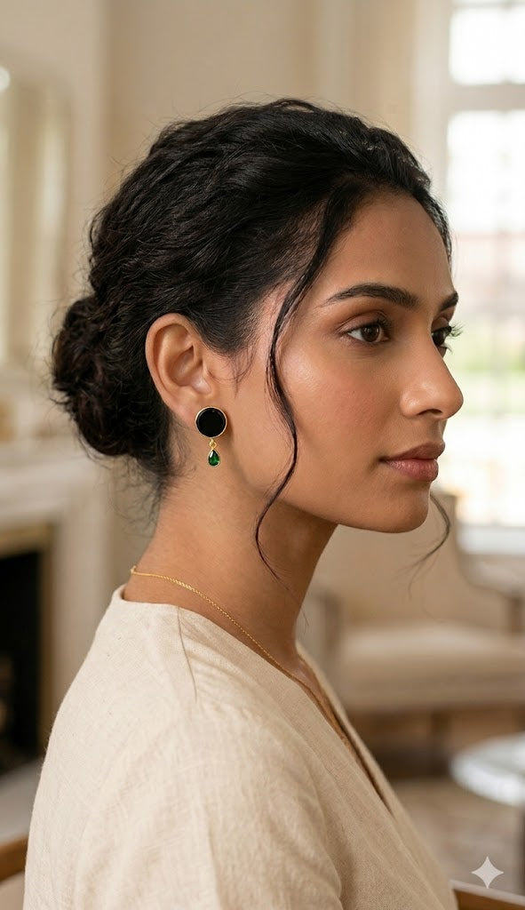 Classic Black Studs with Green Crystal Teardrop