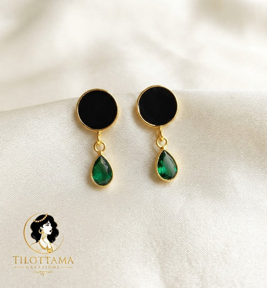 Classic Black Studs with Green Crystal Teardrop