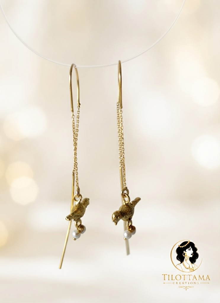 Delicate Gold-Plated Bird Charm Threader Earrings with Pearl Accents