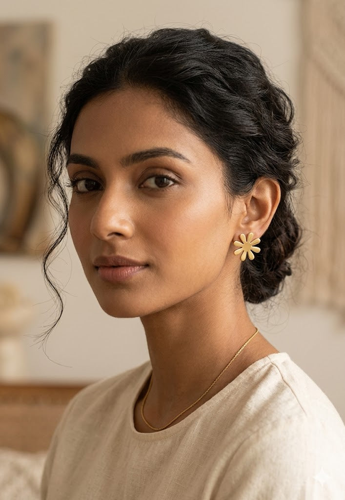 Matte Gold-Toned Flower Petal Stud Earrings
