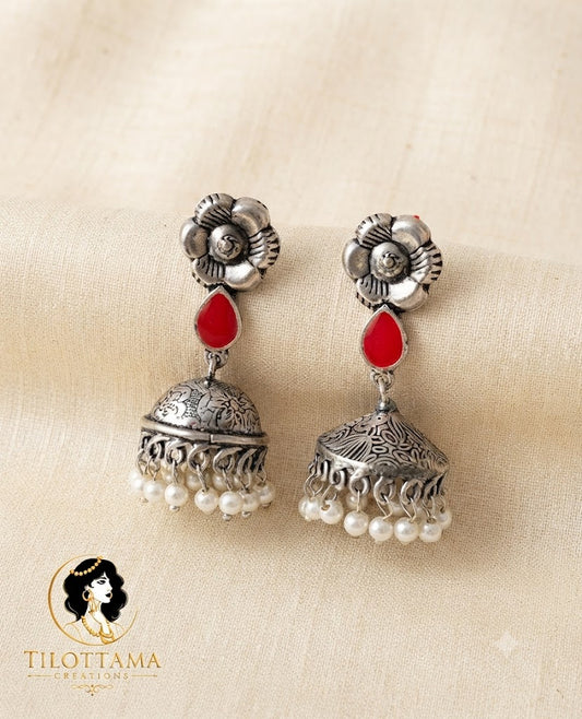 Oxidized Silver Floral Jhumkas with Red Teardrop