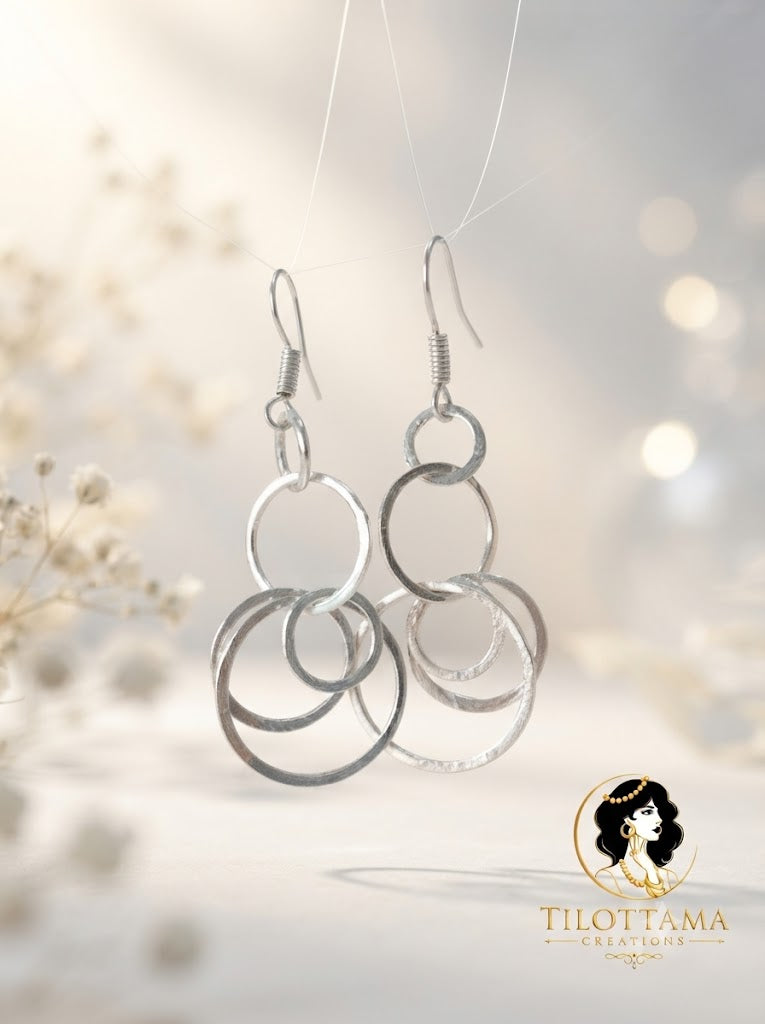 Contemporary Silver-Finish Interlocking Circle Drop Earrings