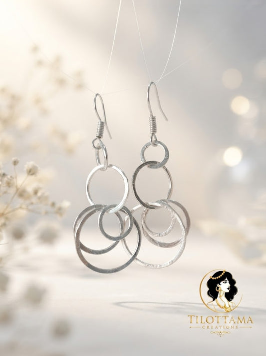 Contemporary Silver-Finish Interlocking Circle Drop Earrings