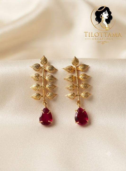 Gold-Plated Foliage Earrings with Red Crystal Drop