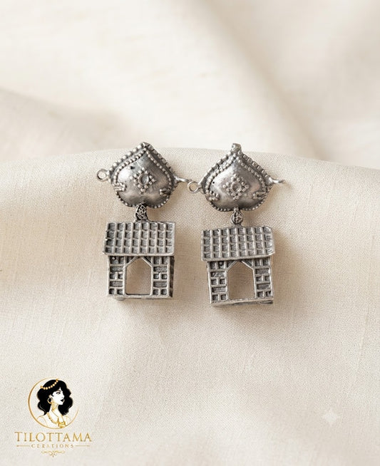 Vintage Silver-Toned House Motif Statement Earrings