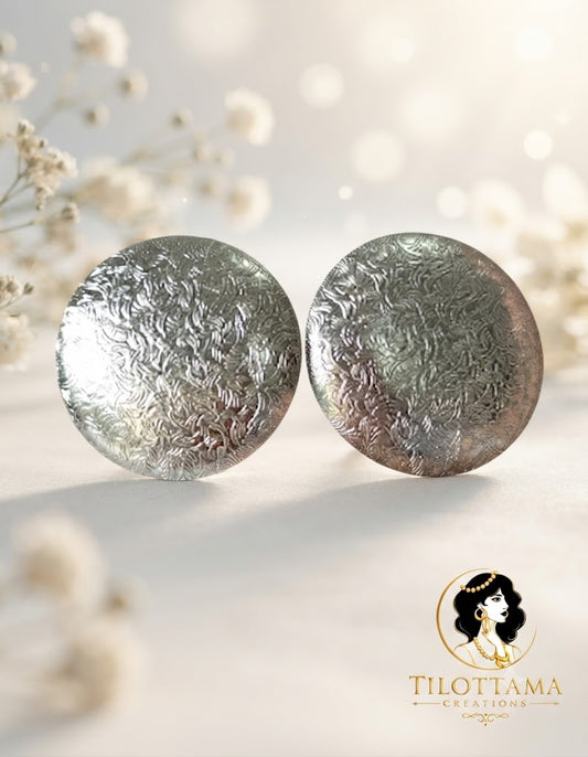 Large Etched Silver-Tone Circular Earrings with Intricate Scroll Pattern