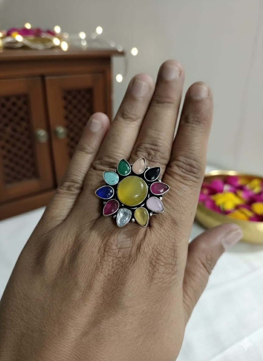 The Amber Sunburst Mandala Ring