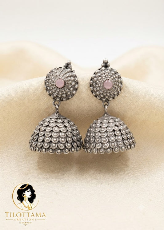 Vintage Silver-Toned Pink Stone Jhumkas