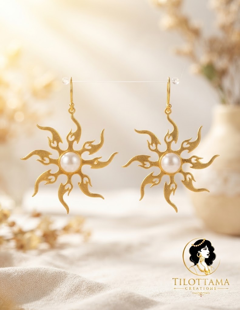 Majestic Gold-Plated Sun Motif Dangle Earrings with Lustrous Pearl Center