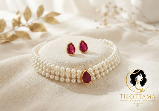 The Ruby and Pearl Blossom Choker Set