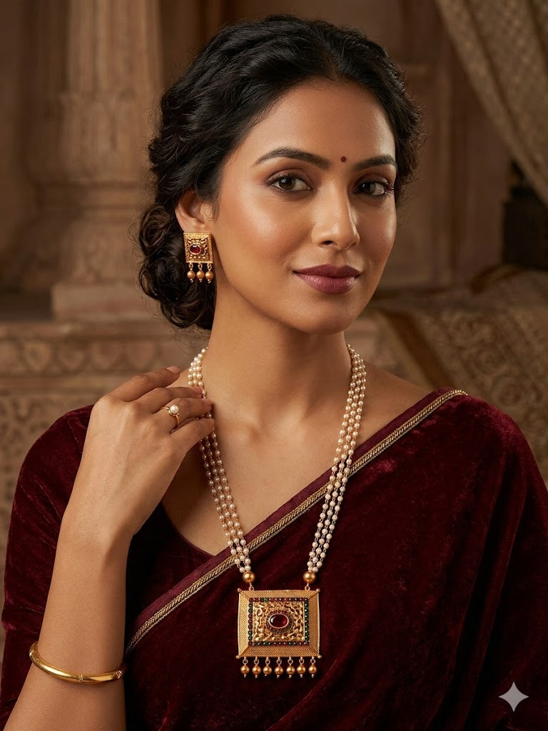 Vintage Box-Pendant Pearl Mala Set