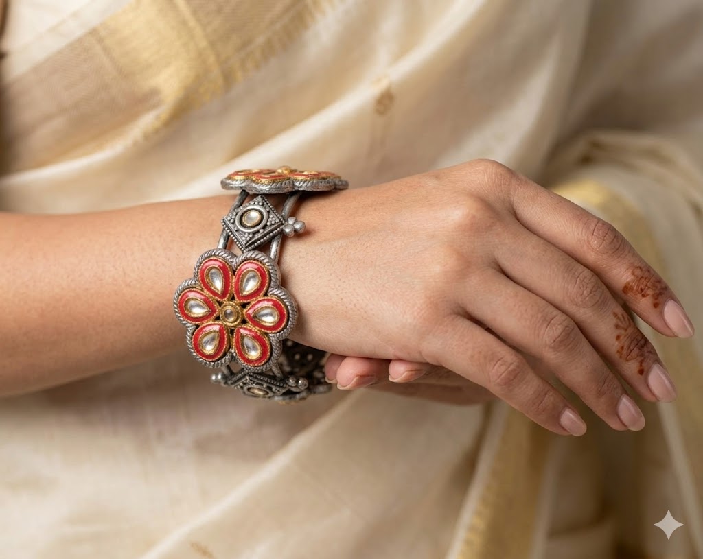 Ethnic Kundan & Meenakari Floral Kada