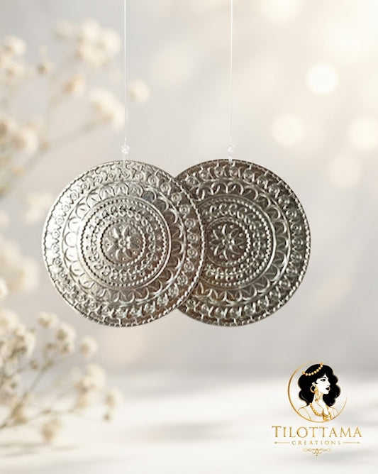 Intricate Oxidized Silver-Finish Large Circular Mandala Earrings
