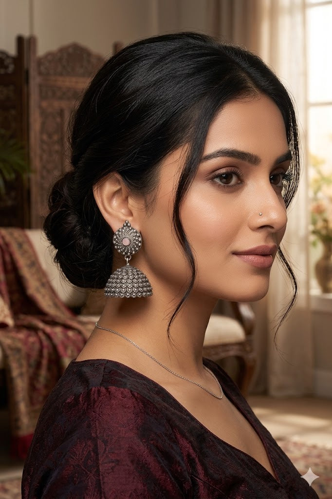 Vintage Silver-Toned Pink Stone Jhumkas