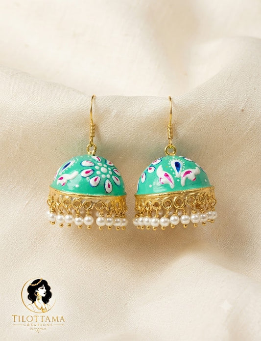 Vibrant Green Hand-Painted Floral Jhumkas