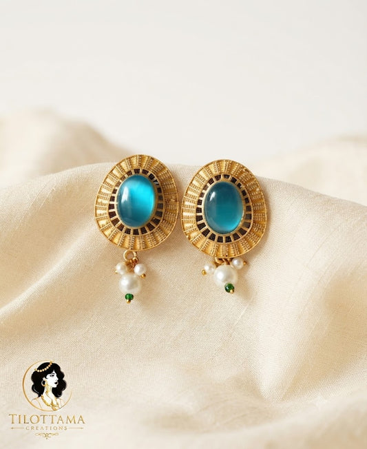 Gold-Toned Oval Turquoise-Style Earrings with Pearls