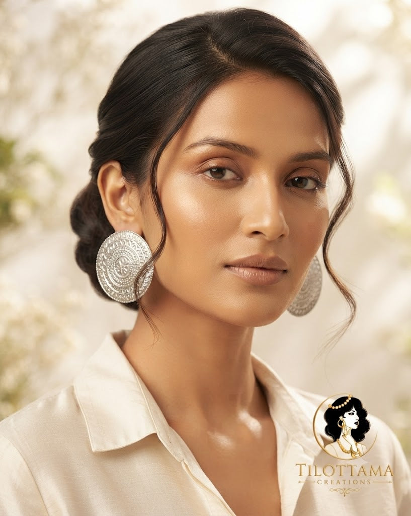 Intricate Oxidized Silver-Finish Large Circular Mandala Earrings
