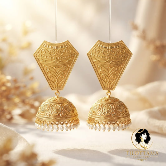 Oversized Gold-Plated Jhumkas with Geometric Shield Studs and Pearl Fringes