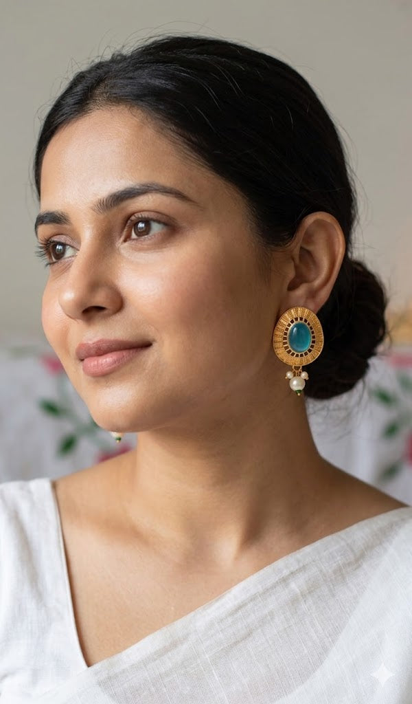 Gold-Toned Oval Turquoise-Style Earrings with Pearls