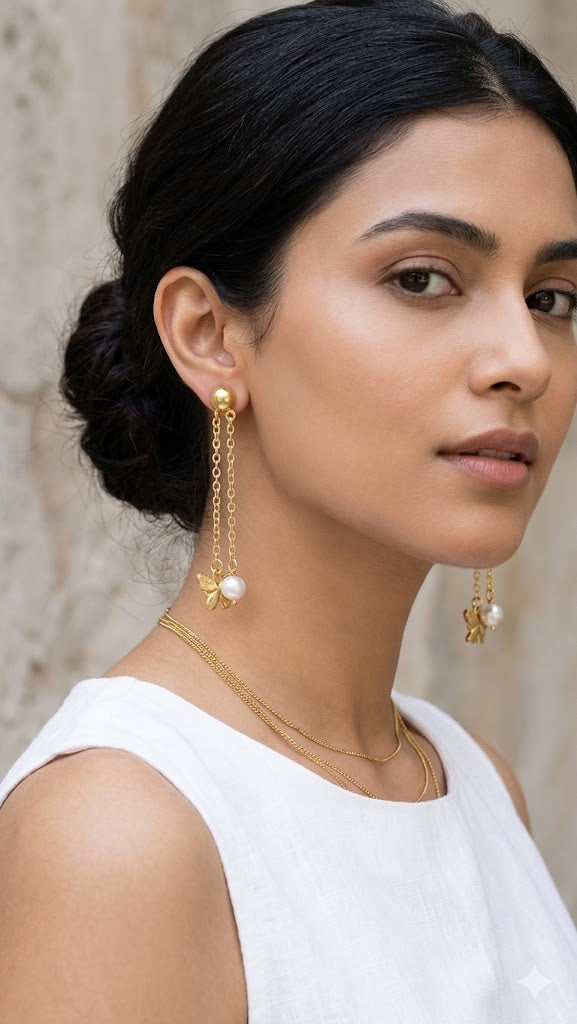 Gold-Toned Long Chain Earrings with Butterfly Accents
