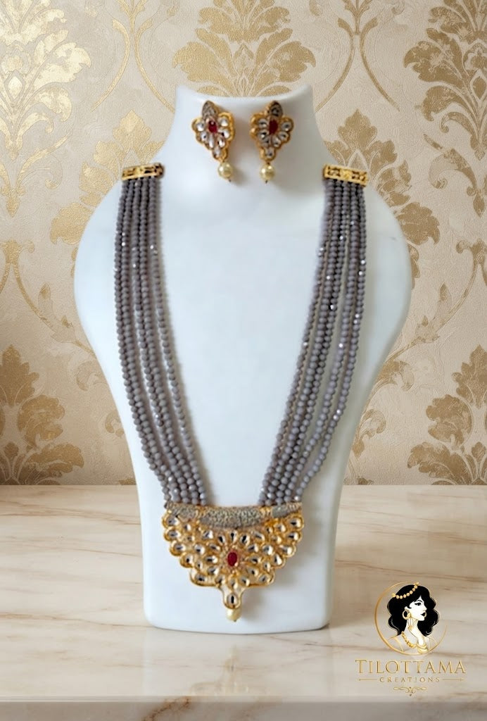 Regal Kundan & Grey Bead Multi-Strand Set