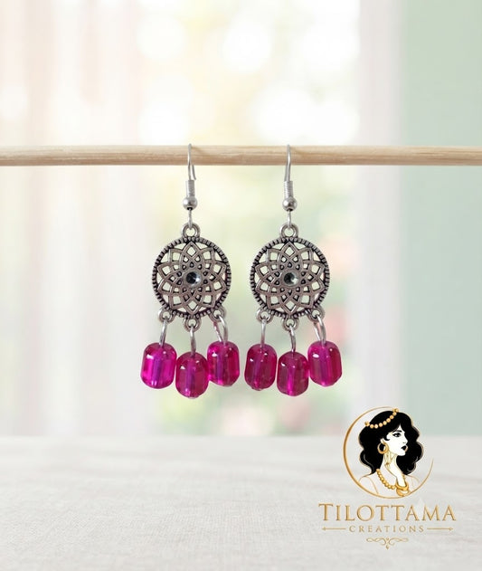Boho Oxidized Silver Pink Bead Dangles