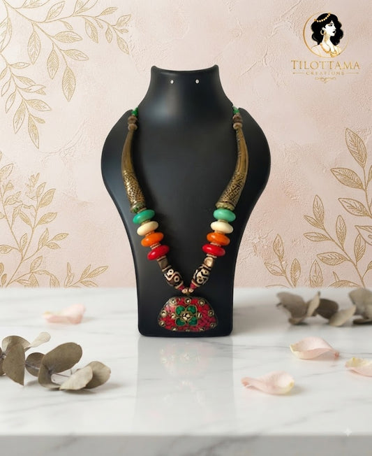 Antique Brass & Multi-Gemstone Tribal Heritage Necklace