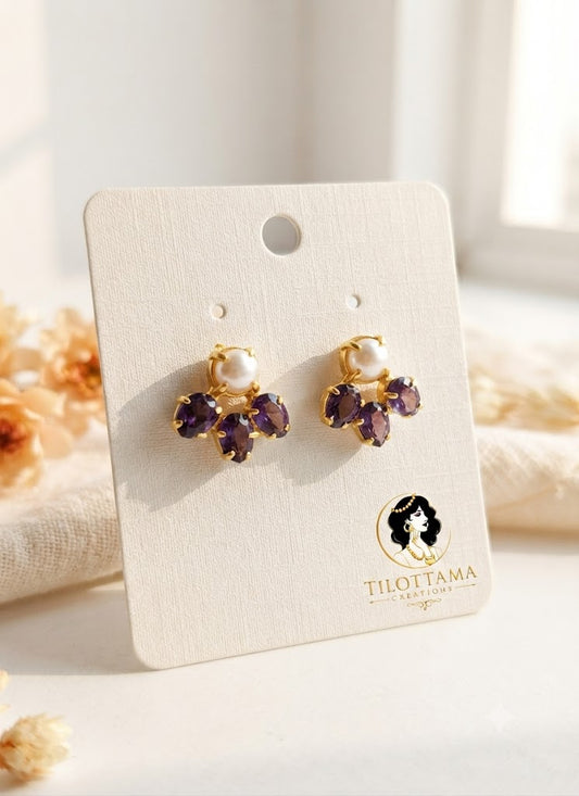 Elegant Gold-Plated Stud Earrings with Amethyst-Colored Stones and Pearl Center