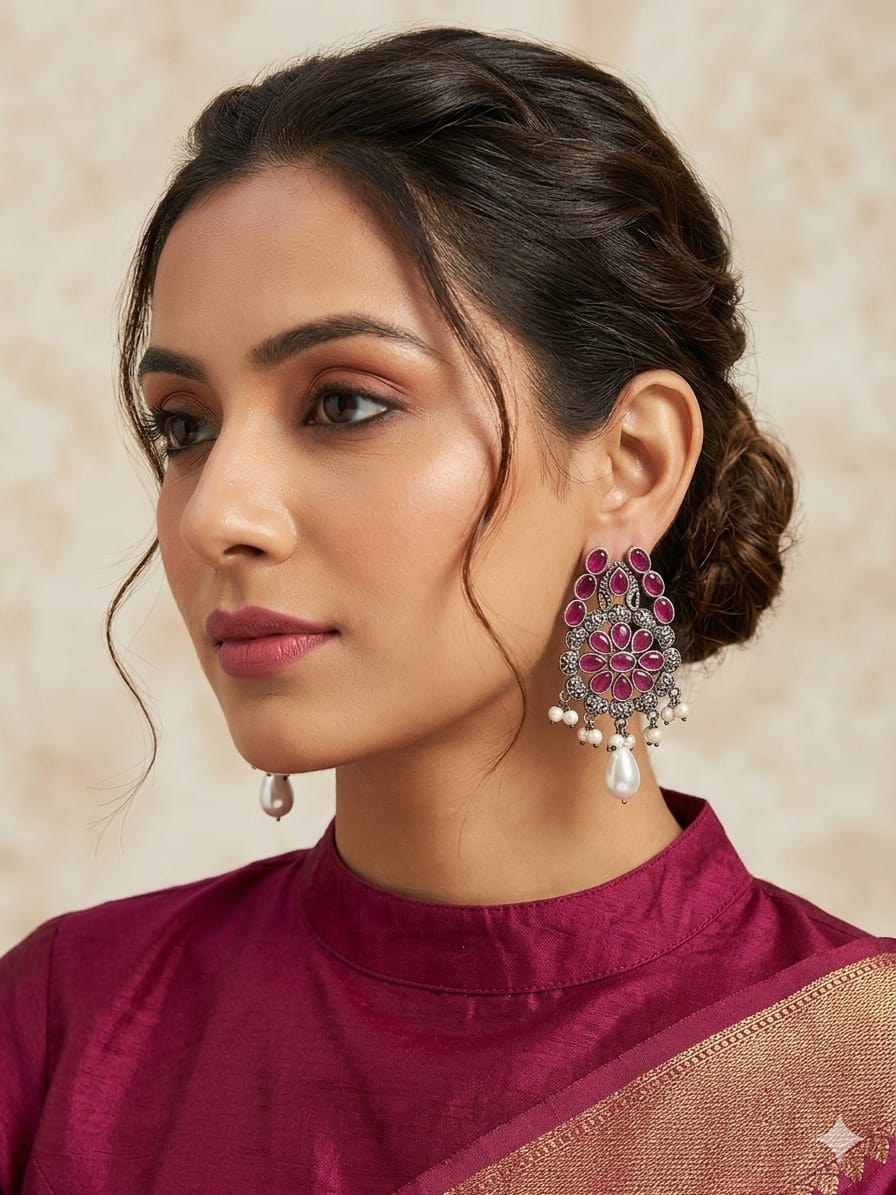 Ruby-Red Floral Chandbali Earrings