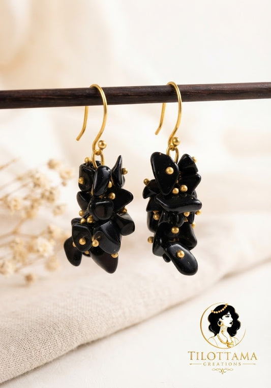 Handcrafted Black Stone Cluster Earrings with Gold Accents