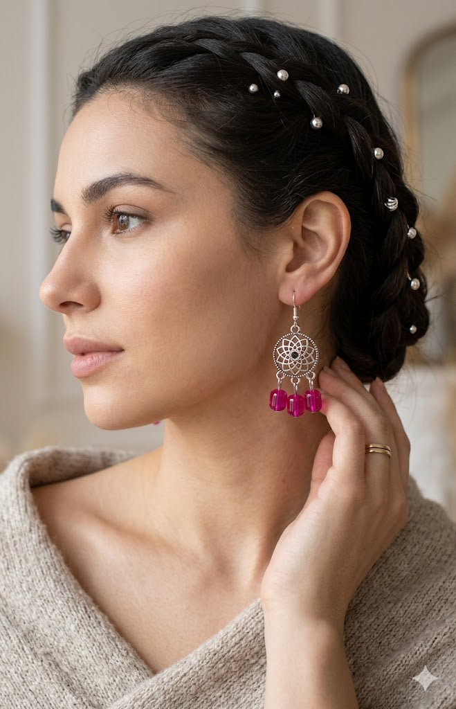 Boho Oxidized Silver Pink Bead Dangles