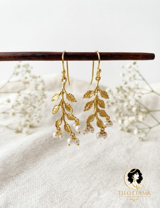 Elegant Gold-Plated Botanical Branch Earrings with Hanging Pearl Clusters