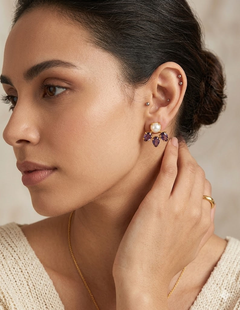 Elegant Gold-Plated Stud Earrings with Amethyst-Colored Stones and Pearl Center