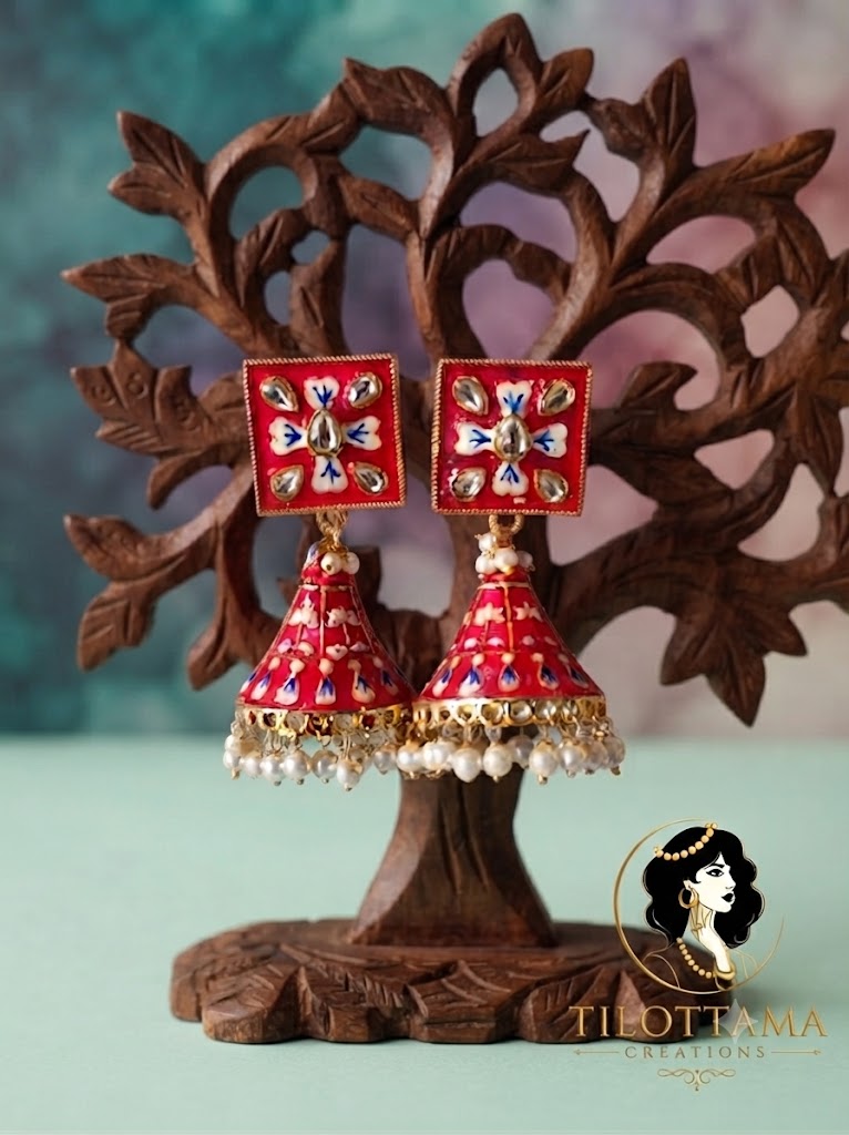 Ruby Blossom Enamel Jhumkas