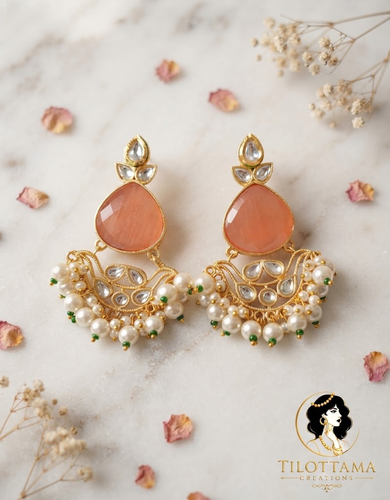Peach Peach & Pearl Kundan Chandbalis