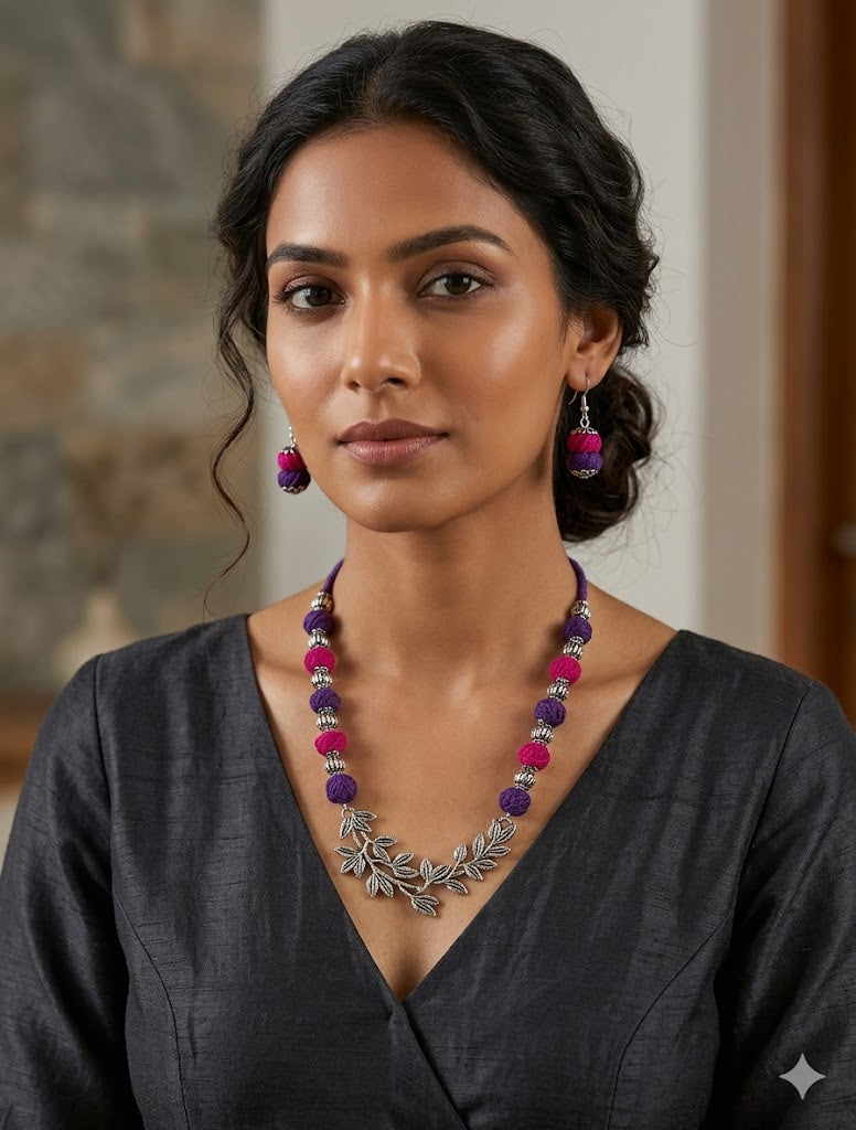 Magenta Leaf Oxidized Jewelry Set