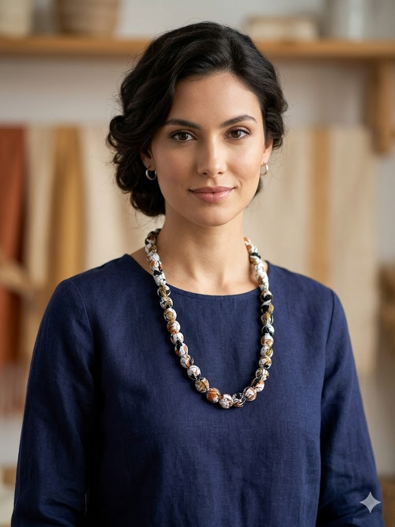 Earthy Batik Fabric Bead Necklace