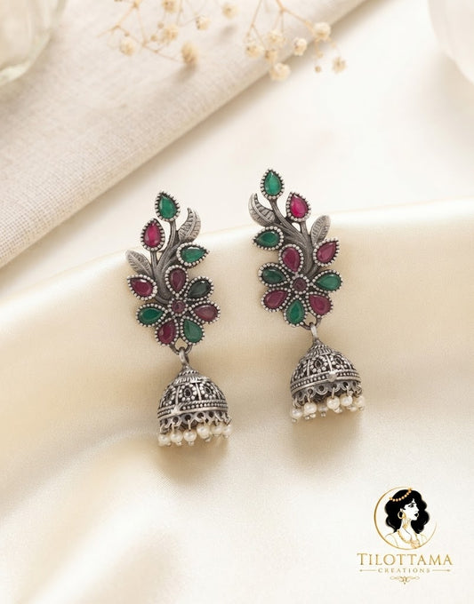 Ruby & Emerald Vine Oxidized Jhumkas